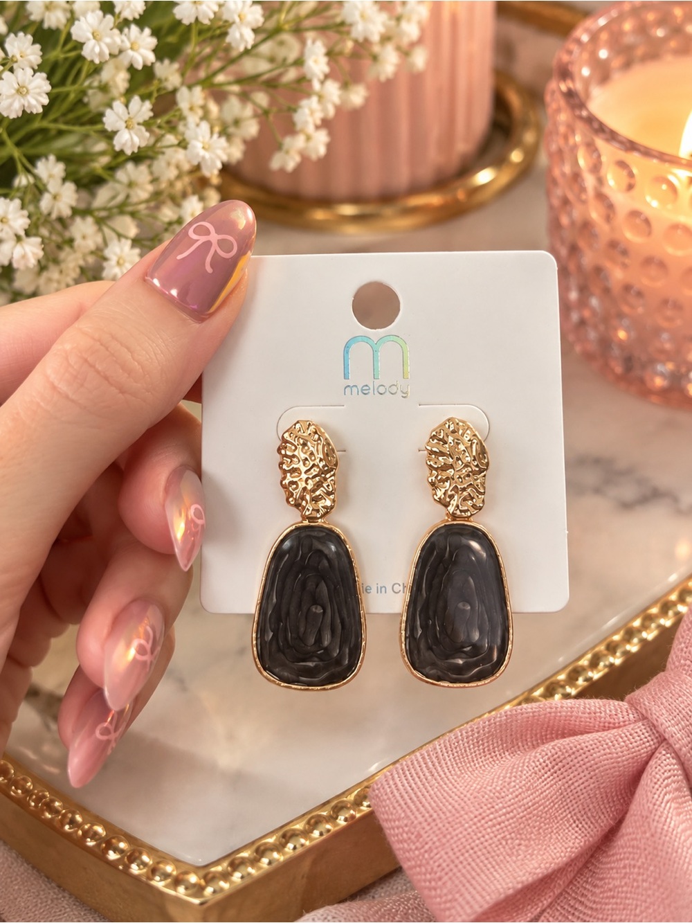 Gray and gold stone earrings